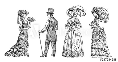 500x264 Antique Ladie And Man Victorian Dame And Gentleman Ancient Retro - Victorian Dress Drawing