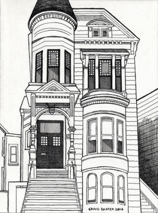 319x430 Pen And Ink Victorian Houses San Francisco Black White - Victorian House Drawing