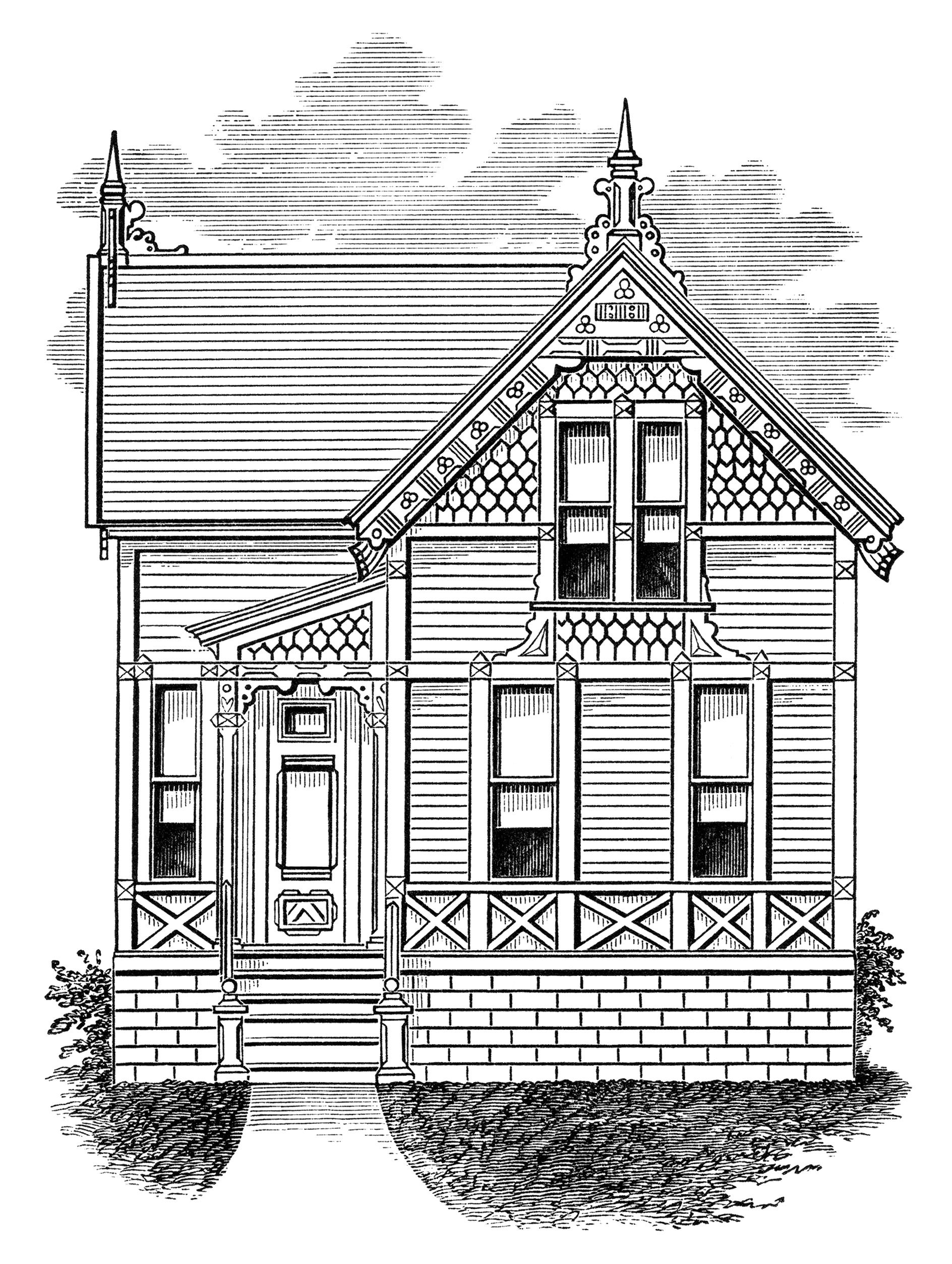 1888x2506 Small Old House Victorian Vintage Home Clipart, Antique - Victorian House Line Drawing
