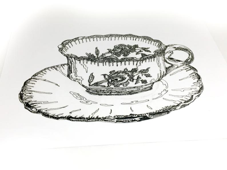 794x596 Teacup Mini Art Print Ornate Victorian Style Kitchen Art Etsy - Victorian Teacup Drawing