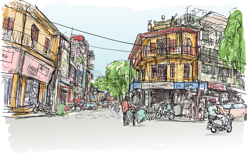 800x503 sketch of hanoi town street market and stock vector colourbox - Vietnam Drawing