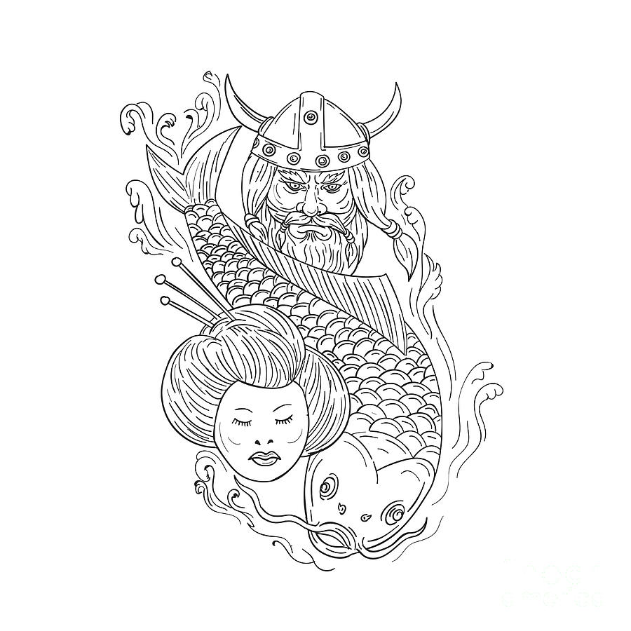 900x900 viking carp geisha head black and white drawing digital art - Viking Face Drawing
