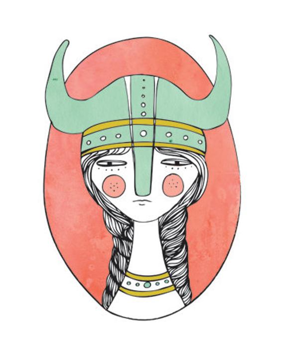 570x713 viking warrior girl illustration digital drawing art print etsy - Viking Helmet Drawing