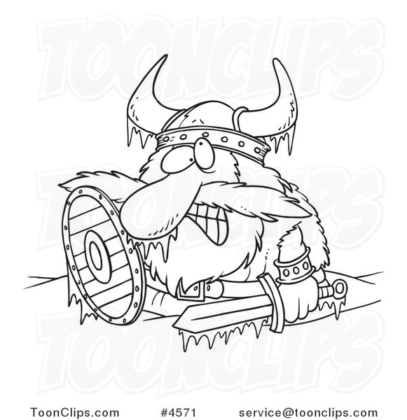 581x600 Cartoon Black And White Line Drawing Of A Frozen Viking - Viking Line Drawing