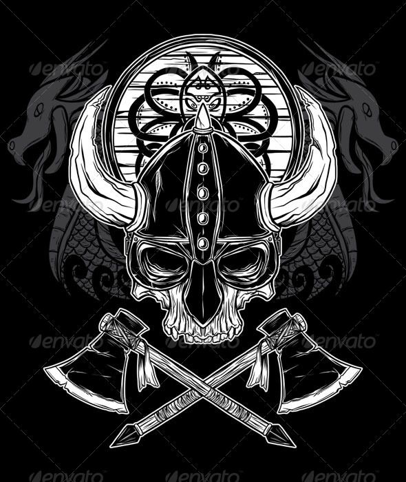 590x700 Vector Hand Drawn Viking Skull, Axe, And Shield - Viking Skull Drawing