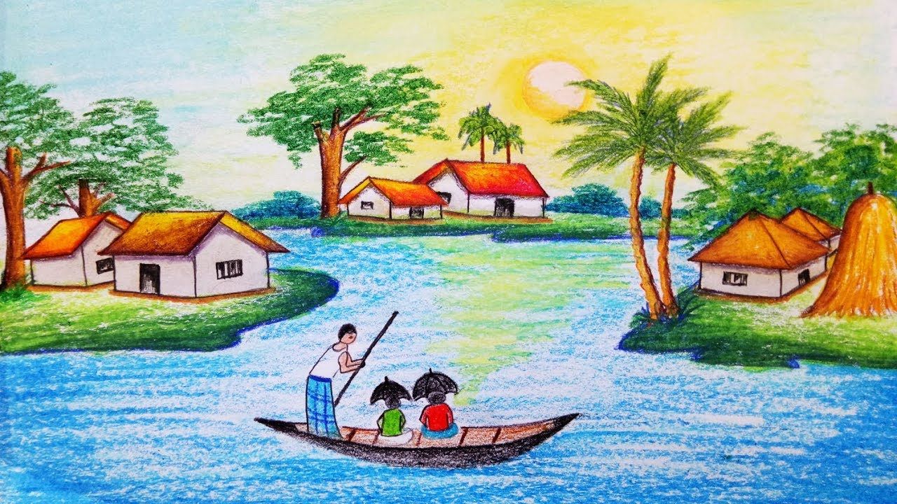 1280x720 How To Draw Riverside Village Scenery Step - Village Drawing