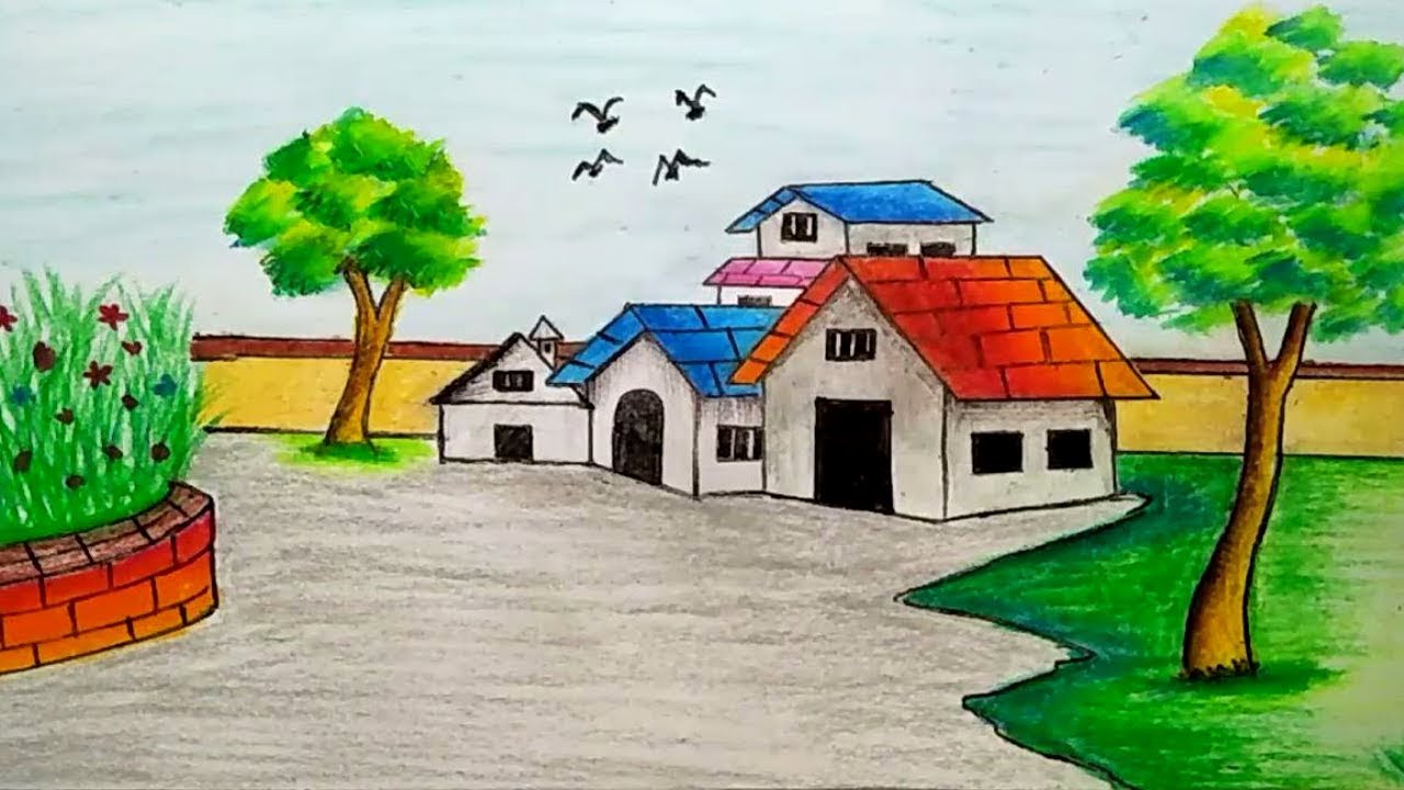 1280x720 How To Draw Village Scenery - Village Drawing