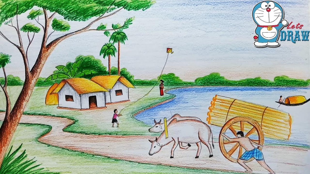 Village life has its bad points. Рисунок села. Сельскохозяйственный пейзаж рисунок для детей. Рисунок деревня 4 класс. Деревня на острове рисунок.