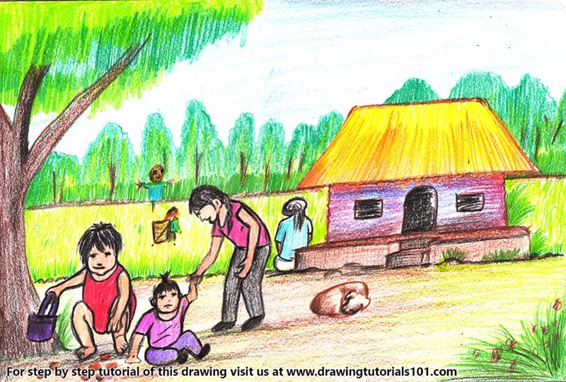 800x539 Learn How To Draw Village Life - Village Drawing