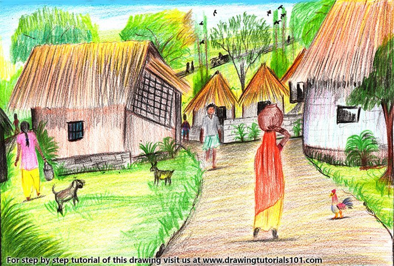 800x542 Learn How To Draw Village Scene - Village Drawing