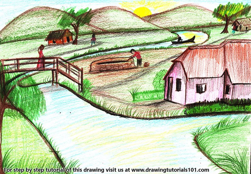 800x554 Learn How To Draw An Indian Village - Village Drawing