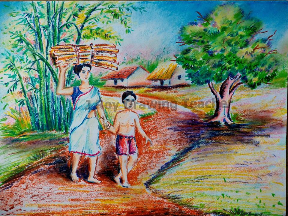 960x720 Mother And Her Boy In Village - Village Drawing
