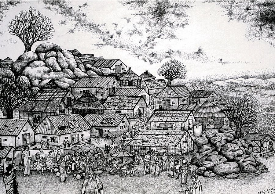 900x636 Old Village Drawing - Village Drawing