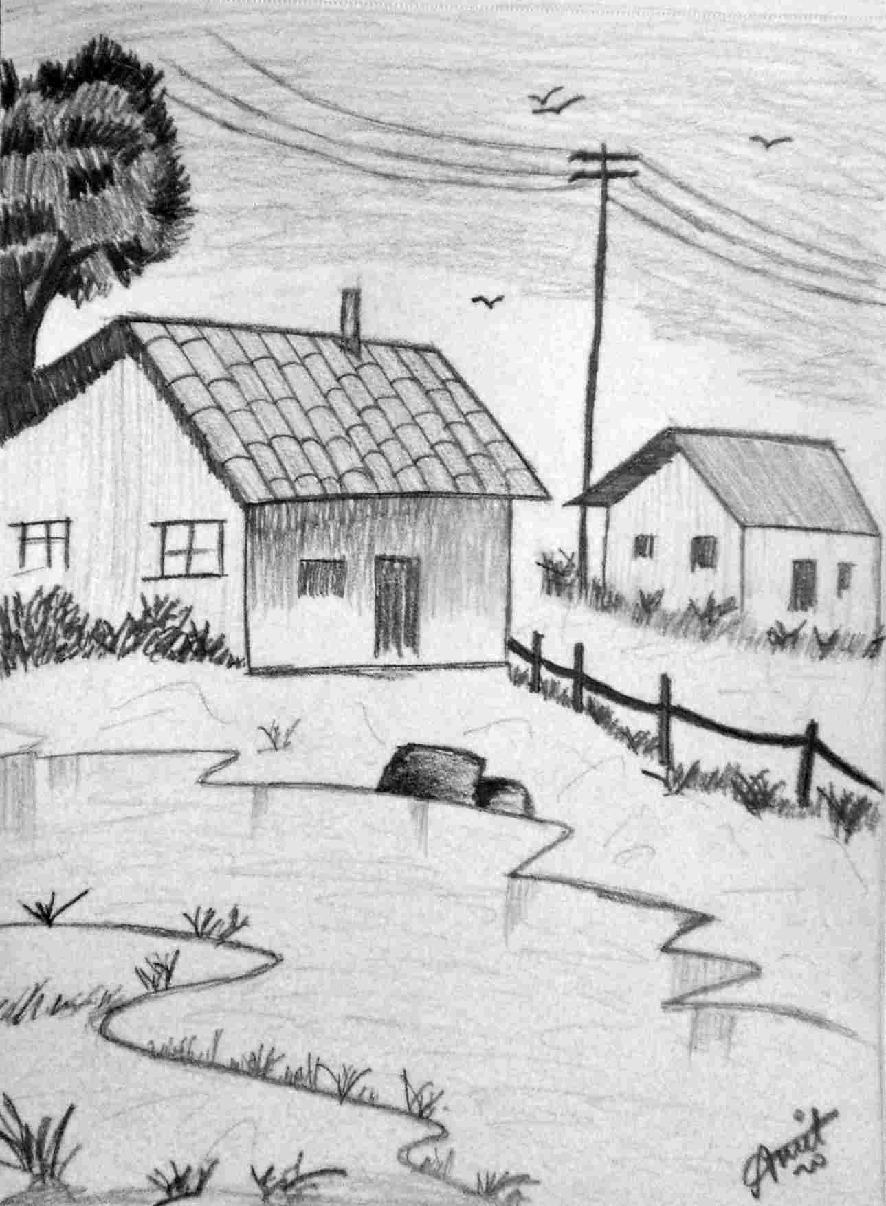 1289x1755 Scene Sketch Village Drawing Sketch For Kids Rhcom How - Village Drawing