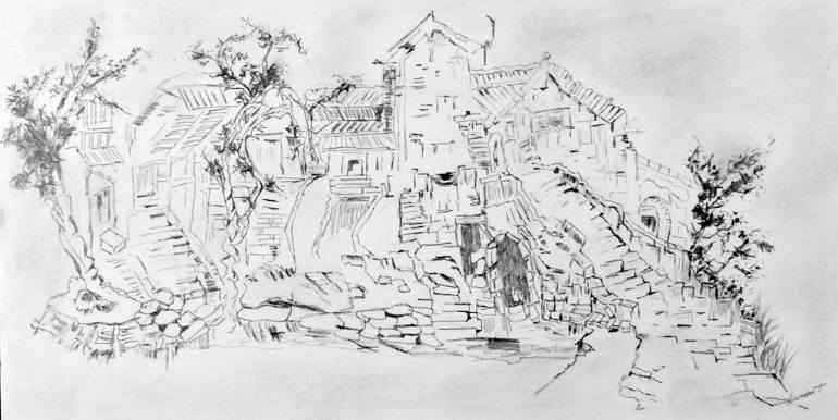 770x386 The Old Village Drawing - Village Drawing