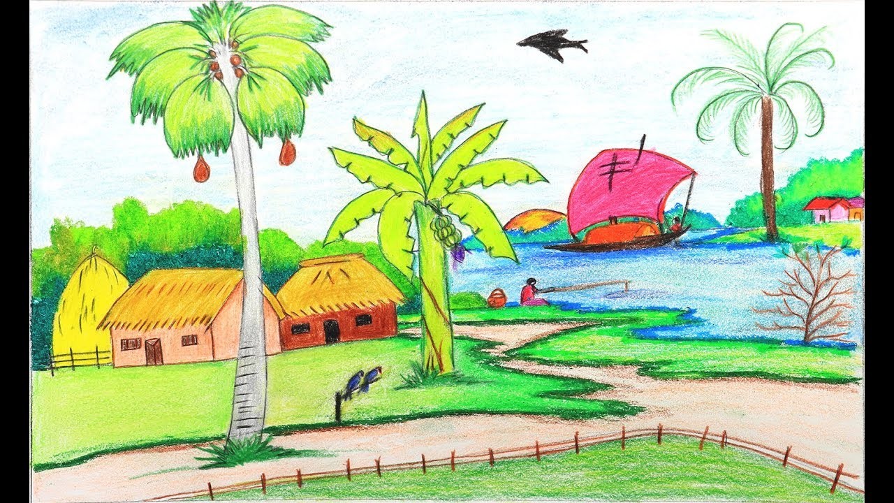 1280x720 How To Draw A Village Scenery Step - Village Drawing