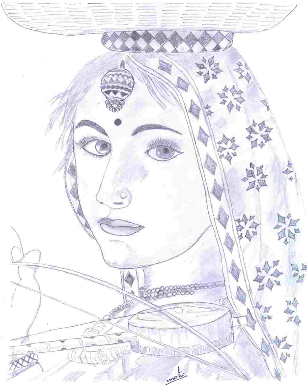 1000x1264 Indian Village Girl Pencil Art Photo - Village Girl Drawing