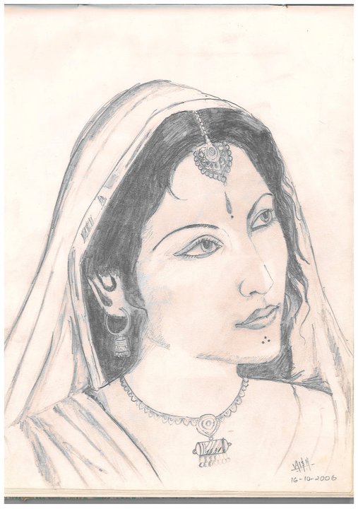 507x720 Indian Village Woman Portrait Sketch Drawing - Village Girl Drawing
