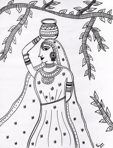 375x490 madhubani - Village Girl Drawing