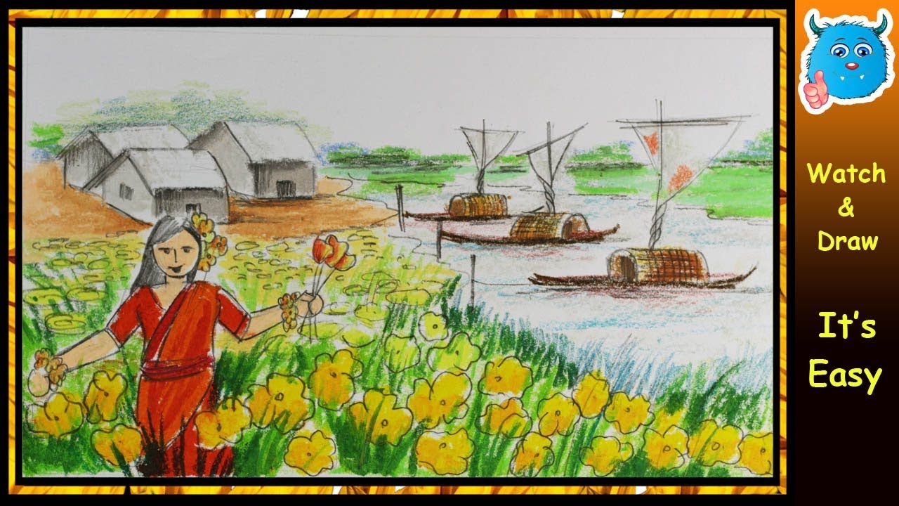 1280x720 How To Draw Village Girl In Spring Season Scenery Drawing Step - Village Girl Drawing
