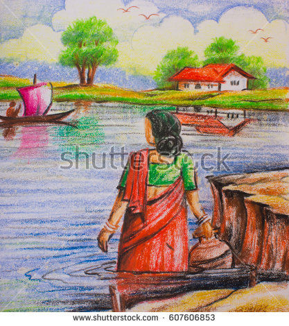 417x470 Pictures Indian Village Scenery Drawing For Kids - Village Scene Drawing