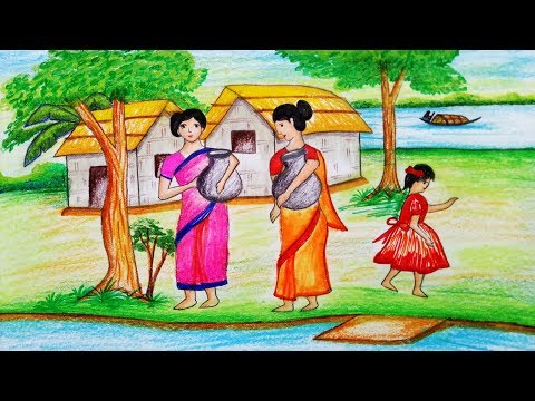 480x360 Pictures Oil Pastel Village Scenery - Village Scene Drawing