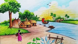 320x180 How To Draw A Beautiful Village Scenery Step - Village Scene Drawing
