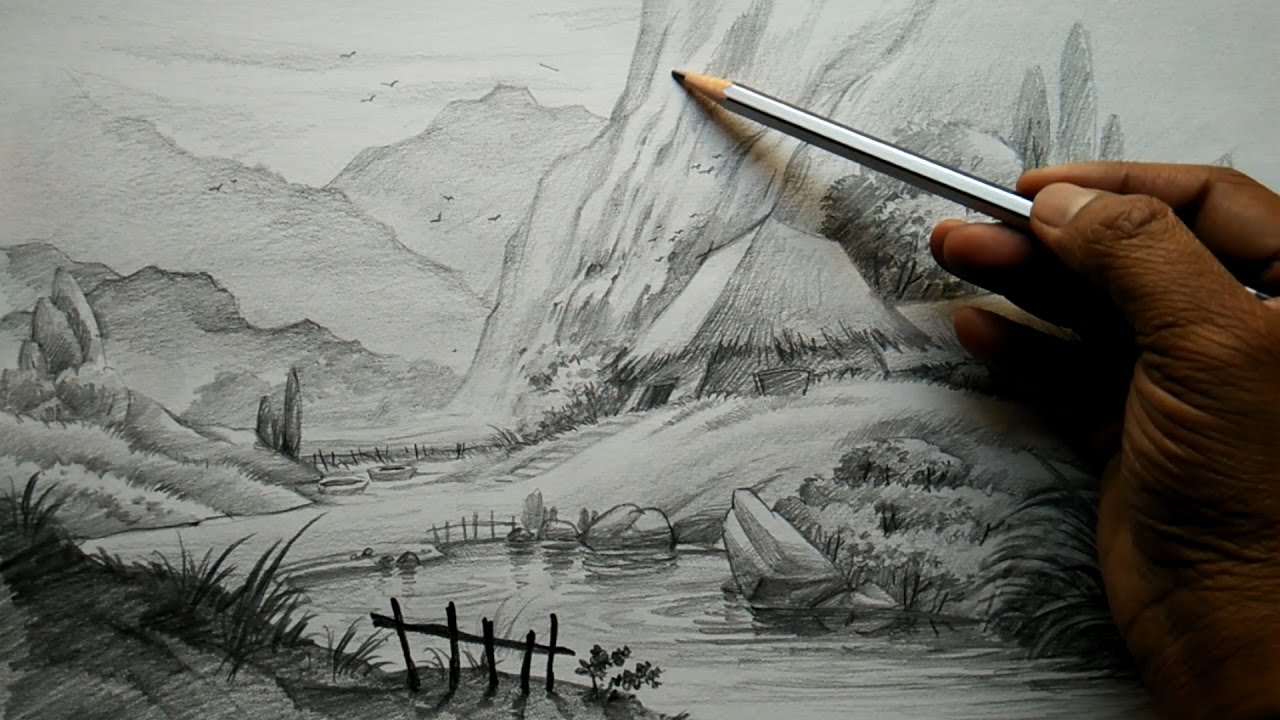 1280x720 How To Draw Village Landscape With Pencil Pencil Art - Village Sketch Drawing