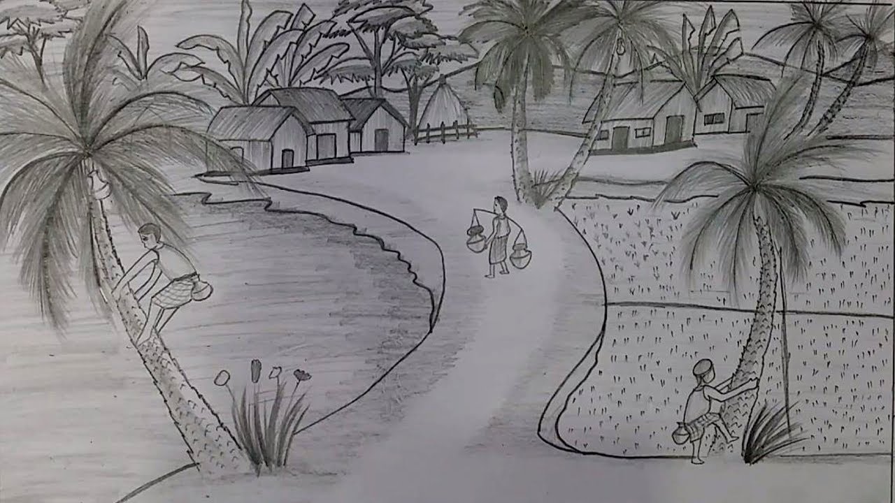 1280x720 How To Draw Winter Season Village Scenery With Pencil Sketch - Village Sketch Drawing