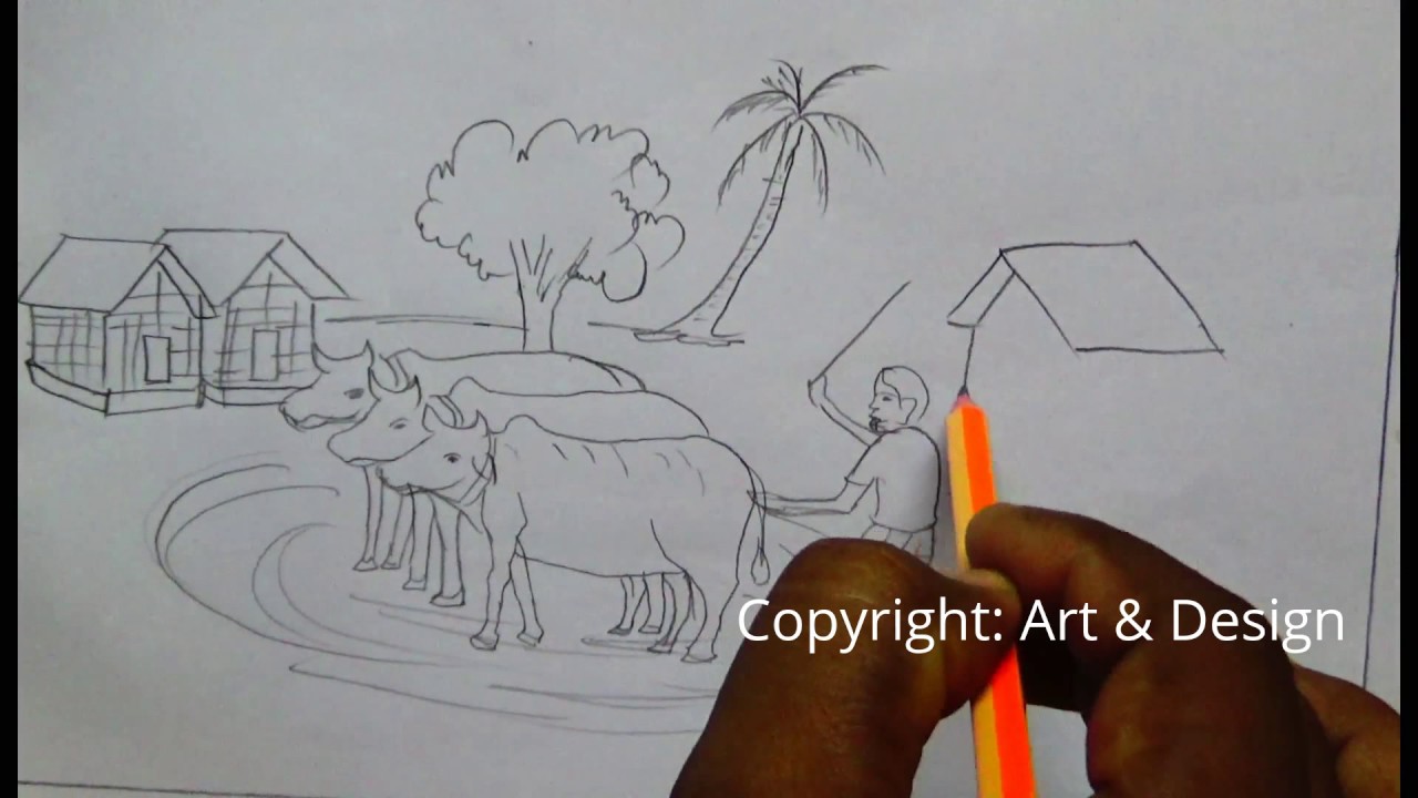 1280x720 How To Draw A Village Scenery In Pencil Sketch - Village Sketch Drawing