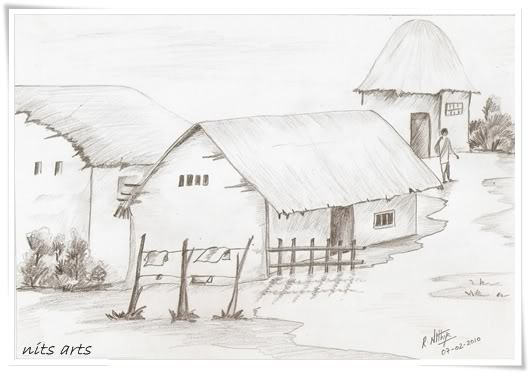 529x373 Nits Arts And Crafts Pencil Drawing - Village Sketch Drawing