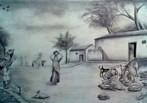 300x210 Pencil Sketch Of Village Scenery How To Draw Easy And Simple - Village Sketch Drawing