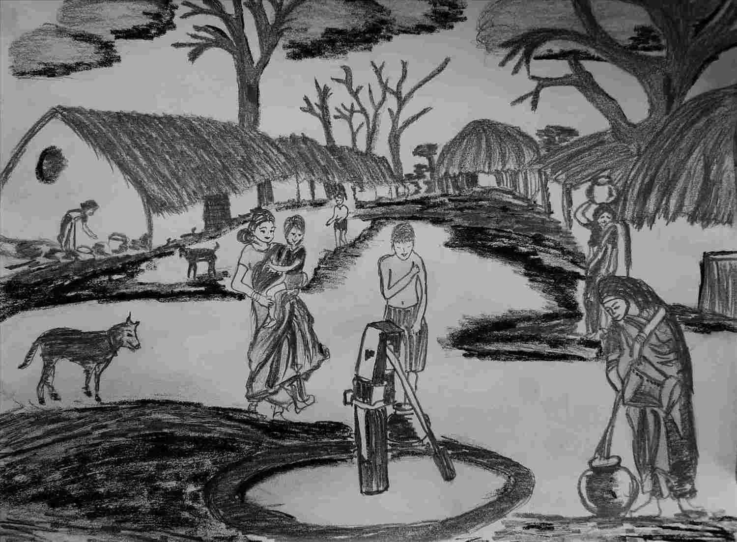 1500x1103 Pencil Sketch Pic Village Pic - Village Sketch Drawing