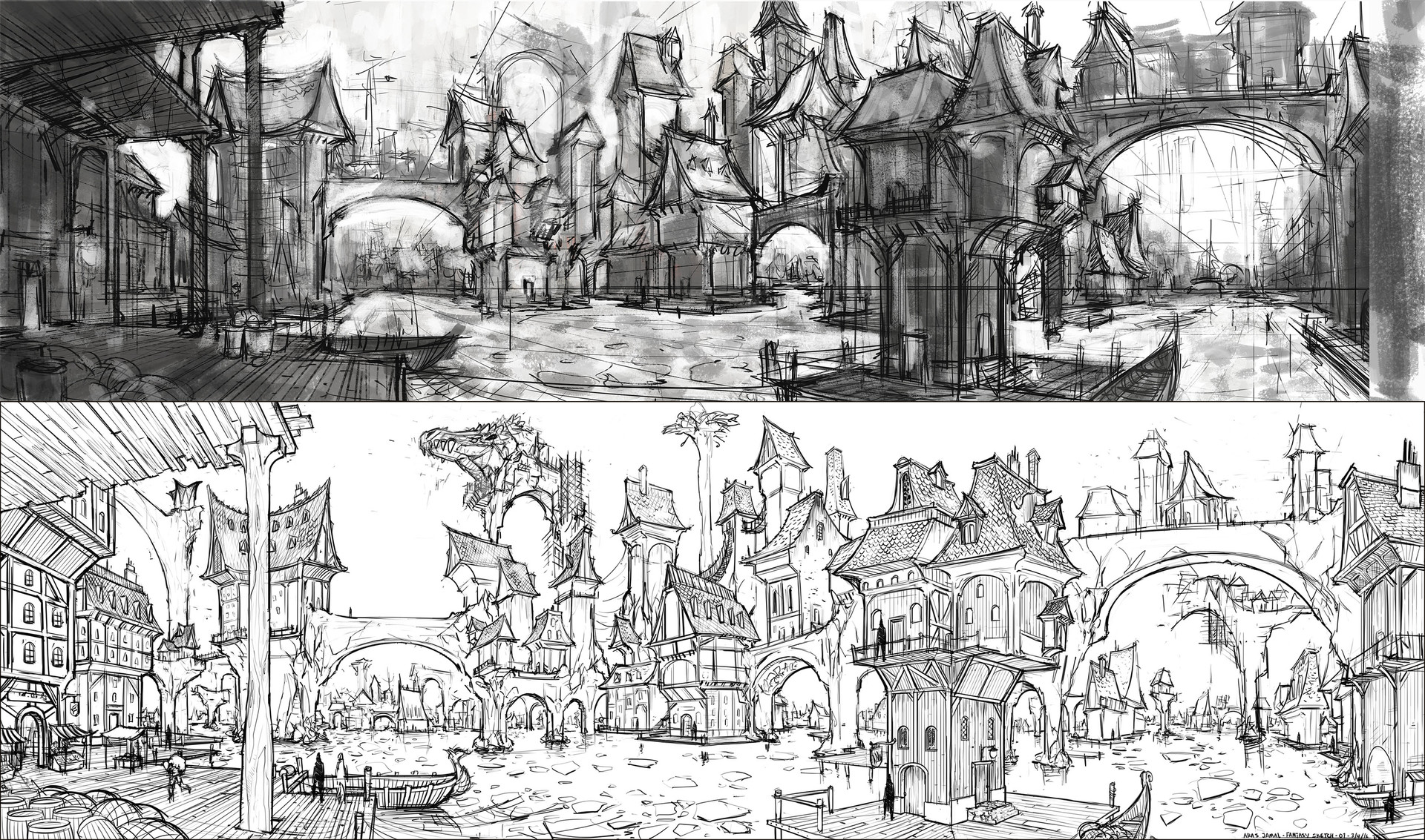 1920x1133 Artstation - Village Sketch Drawing