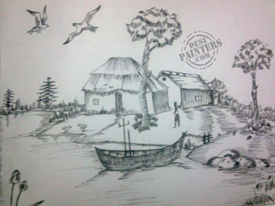 544x408 Gallery Beautiful Village Pencil Drawing Image - Village Sketch Drawing