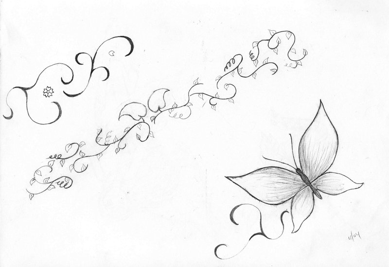 800x549 Grey Ink Butterfly With Vine Tattoo Design - Vine Drawing Designs
