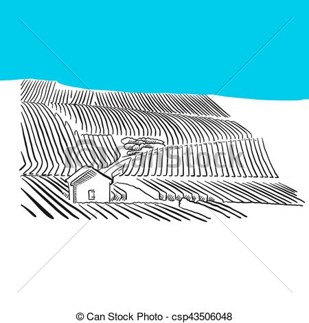 450x470 Vineyard Landscape, Hand Drawn Vector Drawing, Blue Series - Vineyard Drawing