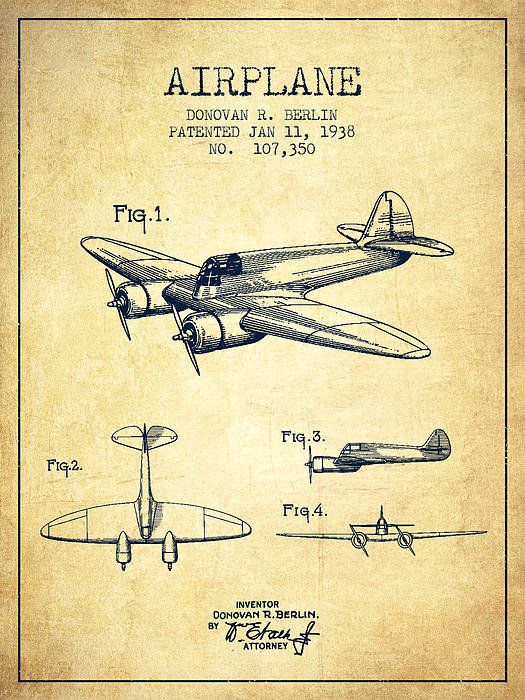 525x700 Airplane Patent Drawing From Vintage Poster - Vintage Airplane Drawing