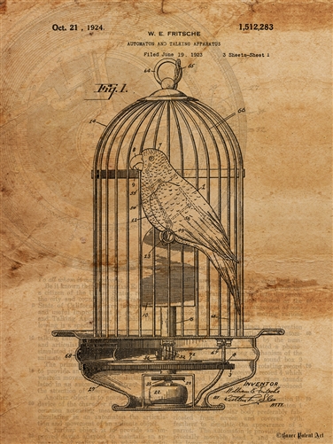 376x501 Vintage Patent Art Drawing Of Mechanical Bird In Birdcage - Vintage Bird Cage Drawing