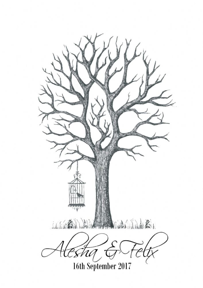 707x1000 Vintage Birdcage Fingerprint Tree Guest Book Kit - Vintage Bird Cage Drawing