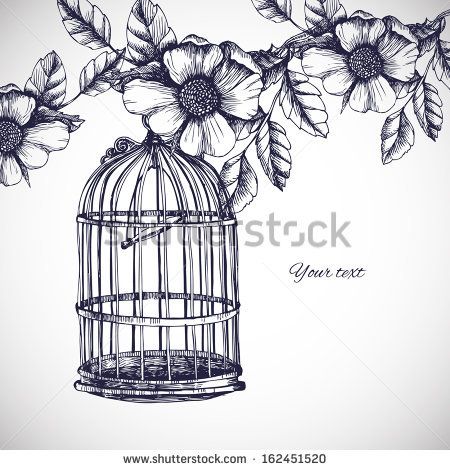 450x470 Vintage Birdcage And Flowers Drawing - Vintage Bird Cage Drawing