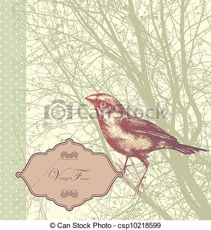 432x470 Background With Vintage Bird Sitting On A Tree, Hand Drawn - Vintage Bird Drawing