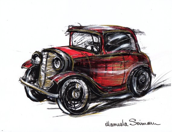 570x439 classic car illustration drawing original art print car etsy - Vintage Car Drawing