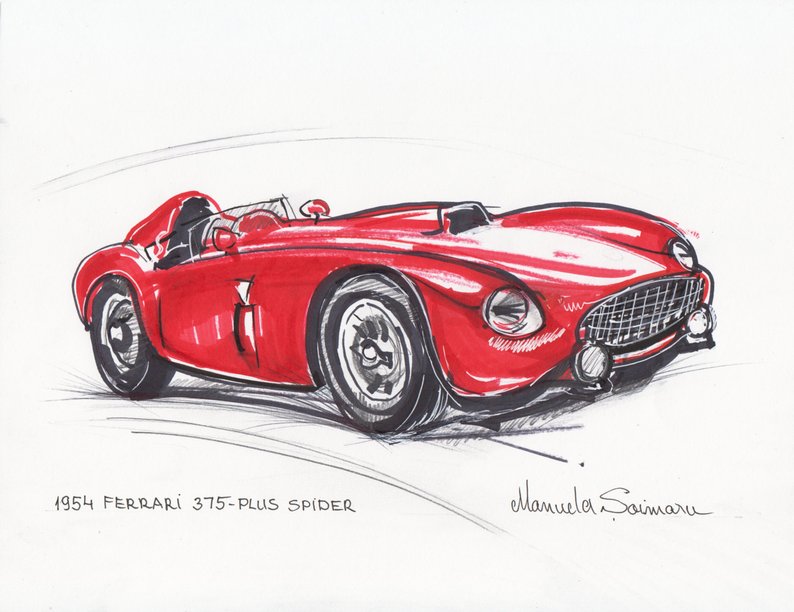 794x612 classic car print ferrari red car drawing racing car etsy - Vintage Car Drawing