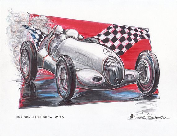 570x438 race car mercedes benz art vintage car automobile etsy - Vintage Car Drawing