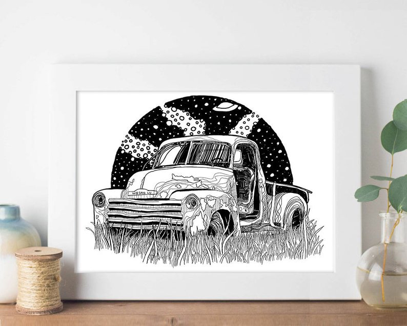 794x635 abandoned car illustration car line drawing black and etsy - Vintage Car Line Drawings