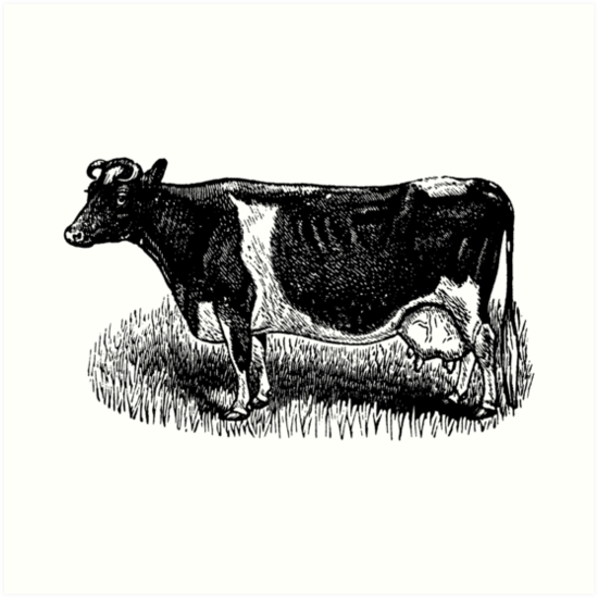 550x550 Vintage Cow On Grass Woodcut Style Art Prints - Vintage Cow Drawing