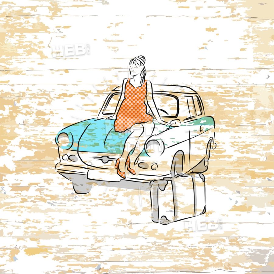 900x900 vintage girl and car on wooden background hebstreits sketches - Vintage Girl Drawing