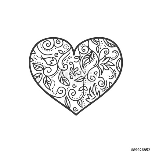 498x500 heart, draw the outline with vintage curls in the form of flower - Vintage Heart Drawing