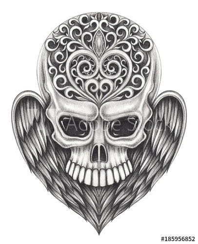 406x500 Art Vintage Heart And Wings Angel Mix Skull Hand Drawing On Paper - Vintage Heart Drawing